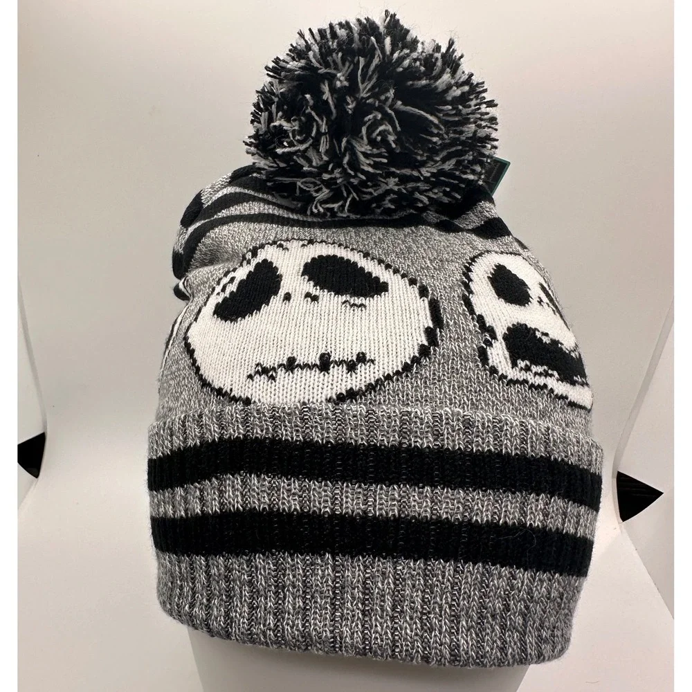 Nightmare Before Christmas Jack Skellington Beanie‎ Pom Pom Knit Hat Black White